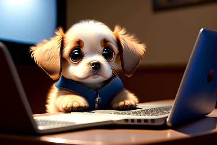Puppy sitting at a laptop computer writing a project management plan