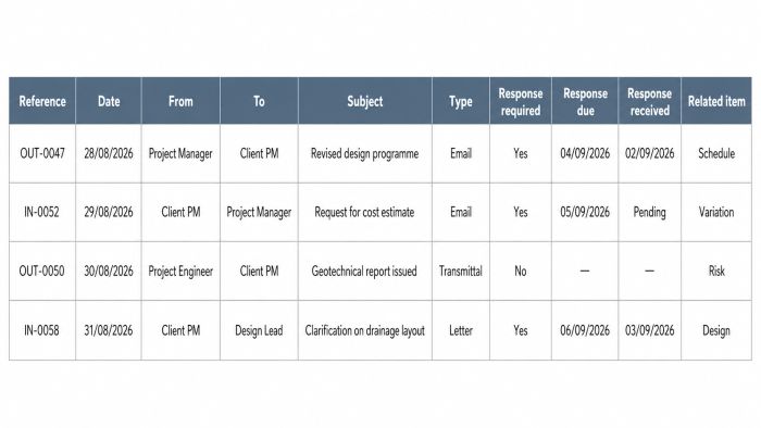 Example correspondence register