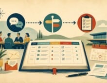 Team discussing project plans with a project management book and charts. - Maintain a Project Communication, Decision and Action Register - myprojectlessons.com