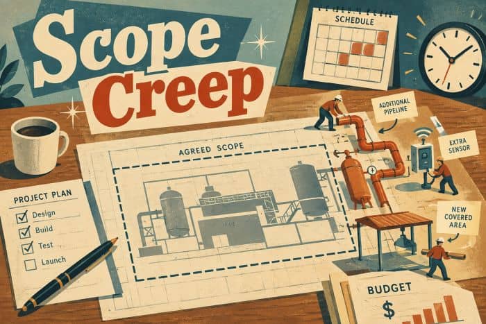 Illustration of project scope creep with plans, schedule, and budget. Scope Creep - myprojectlessons.com