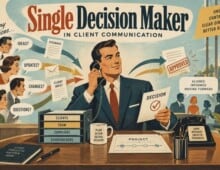 Illustration of a decision maker managing client communication and project planning. Single Decision Maker in Client Communication - myprojectlessons.com