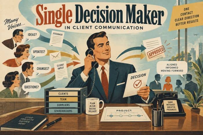 Illustration of a decision maker managing client communication and project planning. Single Decision Maker in Client Communication - myprojectlessons.com