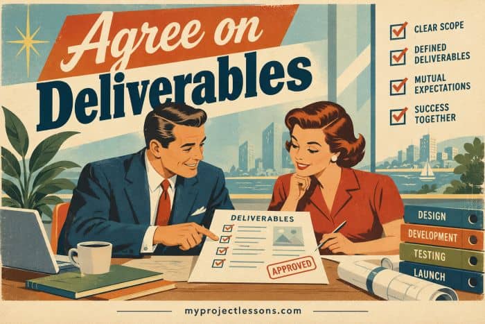 Business professionals agreeing on project deliverables in a meeting room. Agree on Project Deliverables Before Work Begins - myprojectlessons.com