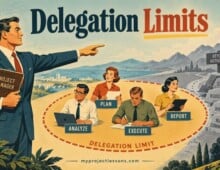 Vintage-style illustration of delegation limits in project management with a leader and team. - myprojectlessons.com