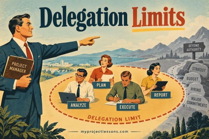 Vintage-style illustration of delegation limits in project management with a leader and team. - myprojectlessons.com