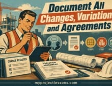 Man holding a clipboard documenting changes, variations and agreements - myproject lessons.com