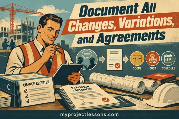 Man holding a clipboard documenting changes, variations and agreements - myproject lessons.com