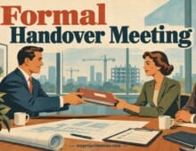 Formal Handover Meeting Business professionals exchanging documents during a project handover meeting. Project Handover Meeting - myprojectlessons.com