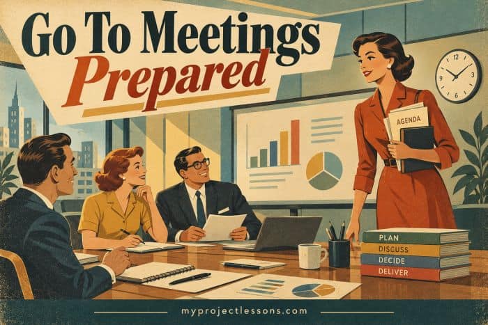 Business meeting with a woman presenting and three colleagues listening attentively. Go to Meetings Prepared - myprojectlessons.com