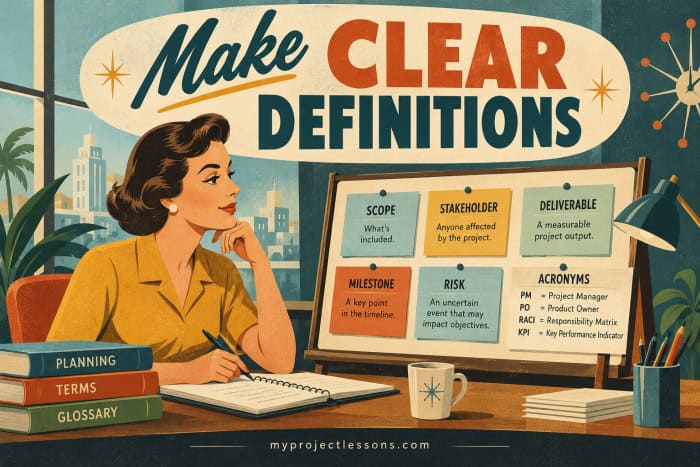 Illustration of a woman studying project management definitions and terms. Make Clear Definitions - myprojectlessons.com