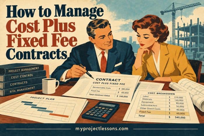 How to Manage Cost Plus Fixed Fee Contracts Business professionals reviewing cost plus fixed fee contract documents. How to Manage Cost Plus Fixed Fee Contracts - myprojectlessons.com