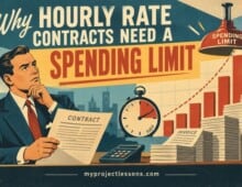 Illustration of a man considering a contract with a spending limit graph. Why Hourly Rate Contracts Need a Spending Limit - myprojectlessons.com