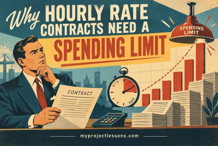 Illustration of a man considering a contract with a spending limit graph. Why Hourly Rate Contracts Need a Spending Limit - myprojectlessons.com