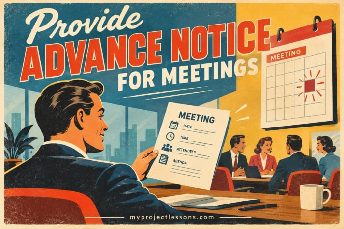 Provide Advance Notice for Meetings Man holding a meeting notice - Provide advance notice for meetings - retro vintage business illustration - myprojectlessons.com