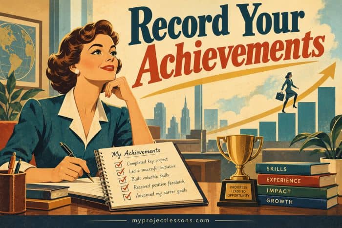Vintage-style poster encouraging recording achievements for career growth. Record Your Achievements - myprojectlessons.com