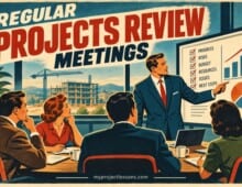 Meeting room scene with professionals reviewing project progress charts. Regular Project Review Meetings - myprojectlessons.com