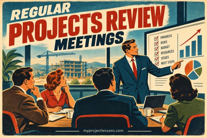 Meeting room scene with professionals reviewing project progress charts. Regular Project Review Meetings - myprojectlessons.com