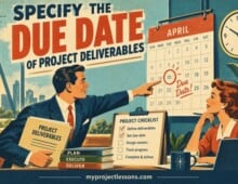 Specify the Due Date of Project Deliverables Vintage illustration of a man pointing at a calendar with a due date for project deliverables. Specify the Due Date of Project Deliverables - myprojectlessons.com