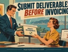 Businesswoman receives project deliverables before invoicing from a male colleague. Submit Project Deliverables Before Invoicing: Avoid Unnecessary Payment Delays - myprojectlessons.com