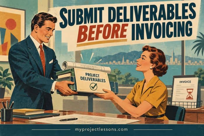 Businesswoman receives project deliverables before invoicing from a male colleague. Submit Project Deliverables Before Invoicing: Avoid Unnecessary Payment Delays - myprojectlessons.com