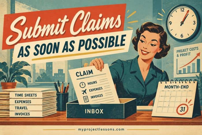Submit Expense Claims Promptly to Keep Project Costs Accurate Woman submitting expense claims quickly with a clock and financial documents in the background. Submit Claims Promptly to Keep Project Costs Accurate - myprojectlessons.com