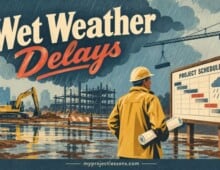 Construction site with weather delays and a project schedule board. - myprojectlessons.com