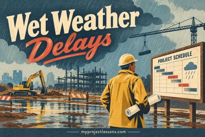 Construction site with weather delays and a project schedule board. - myprojectlessons.com