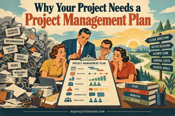 Illustration of a project management team discussing a plan outdoors. Why Your Project Needs a Project Management Plan - myprojectlessons.com